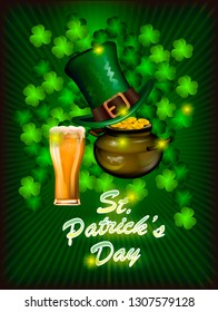 Poster postcard St. Patrick's Day on a green background the inscription hat, beer and gold coins.