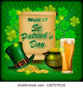 Poster postcard St. Patrick's Day on a green background the inscription hat, beer and gold coins.