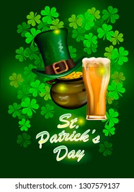 Poster postcard St. Patrick's Day on a green background the inscription hat, beer and gold coins.