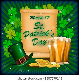 Poster postcard St. Patrick's Day on a green background the inscription hat, beer and gold coins.