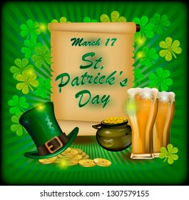 Poster postcard St. Patrick's Day on a green background the inscription hat, beer and gold coins.