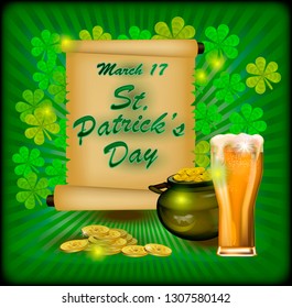 Poster postcard St. Patrick's Day on a green background the inscription hat, beer and gold coins.