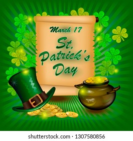 Poster postcard St. Patrick's Day on a green background the inscription hat,  and gold coins.