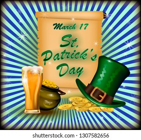 Poster, postcard, St. Patrick's Day, on a blue background the inscription with a hat and gold coins.