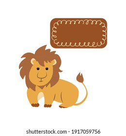 Poster or postcard template with cute lion in cartoon style and place for text. Vector illustration in flat style isolated on white background.