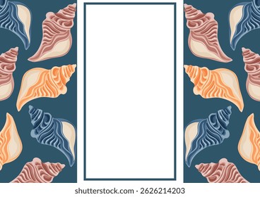 poster or postcard template with a marine theme, namely with colorful swirling sea shells and a white rectangle in the middle