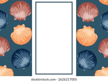 modelo de cartaz ou cartão postal com um tema marinho, nomeadamente com moluscos coloridos e um retângulo branco no meio
