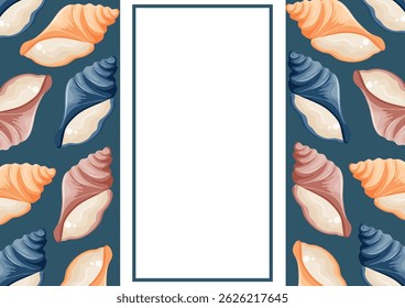 modelo de cartaz ou cartão postal com um tema marinho, nomeadamente com conchas coloridas e um retângulo branco no meio