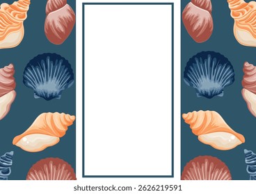 poster or postcard template with a marine theme, namely with colorful sea shells, shells and mollusks of various shapes and a white rectangle in the middle