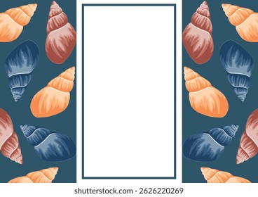 poster or postcard template with a marine theme, namely with colorful sea shells and a white rectangle in the middle