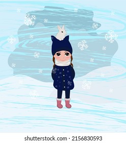 poster postcard winter girl rabbit snow joy holidays come mud outside the window background beautiful picture inspiration flat illustration style