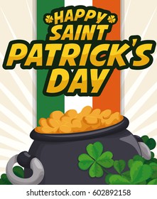 Poster with a pot full of gold and clovers with the Ireland flag for the celebration of St. Patrick's Day.
