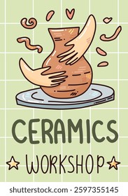 poster with pottery elements and tools. ceramic workshop. vector hand drawn illustration