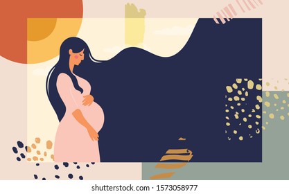 A poster with a pregnant woman. Modern collage on an abstract background. Bright conceptual flat illustration about motherhood and pregnancy. Website template, web page and landing page design with