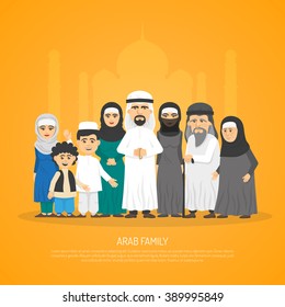 Poster presenting arab family from grandparents to kids in traditional arabic clothing cartoon vector illustration