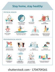 Poster with prevention advices to stay home safe and healthy: healthy lifestyle and anxiety management. Vectors of people coping with social distancing. Tips for physical and mental health.