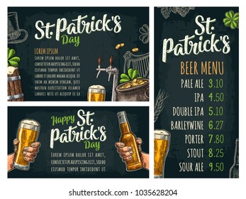 Poster and price menu with tap, glass, bottle, hop branch with leaf, ear of barley, barrel, tanks from brewery factory. Happy Saint Patrick's Day lettering. Vintage vector color engraving on dark