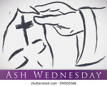 Poster With Priest Hand Sprinkling The Ash Cross In The Forehead Of A Parishioner In An Ash Wednesday Commemoration In Brushstrokes Style And Purple Label.