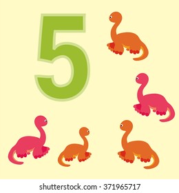 A poster for primary numeracy. Number five.Next to the number five dinosaurs.