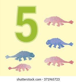 A poster for primary numeracy. Number five.Next to the number five dinosaurs.