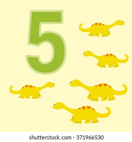 A poster for primary numeracy. Number five.Next to the number five dinosaurs.