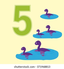 A poster for primary numeracy. Number five.Next to the number five dinosaurs.