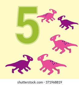 A poster for primary numeracy. Number five.Next to the number five dinosaurs.