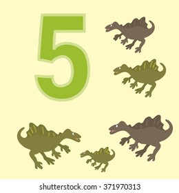 A poster for primary numeracy. Number five.Next to the number five dinosaurs.