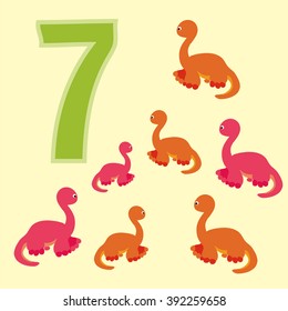 A poster for primary numeracy. Number seven. Next to the number seven dinosaurs.