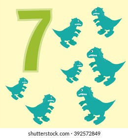 A poster for primary numeracy. Number seven. Next to the number seven dinosaurs.