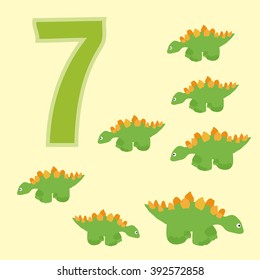 A poster for primary numeracy. Number seven. Next to the number seven dinosaurs.