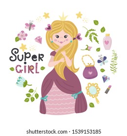Poster with princess and lettering. Childish design for birthday invitation, poster, clothing, nursery wall art and card