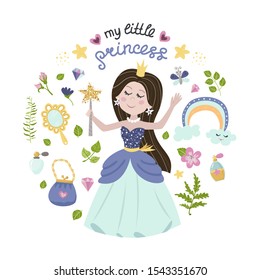 Poster with princess and lettering. Childish design for birthday invitation, poster, clothing, nursery wall art and card