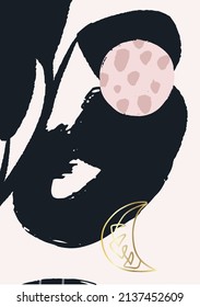 Poster, print, background, with abstract spots, flower, gold splashes, plants, background. 