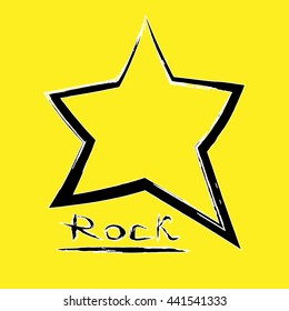 The poster, print. Black star painted with a brush, rock text, brush stroke. White stroke. Yellow background. Abstract isolated image.