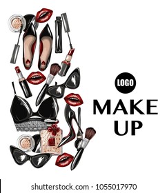 Poster or print with crop top, lips, shoes, lipstick, sunglasses, brush and other. Makeup patches vector illustration.