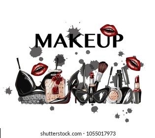 Poster or print with crop top, lips, shoes, lipstick, sunglasses, brush and other. Makeup patches vector illustration.