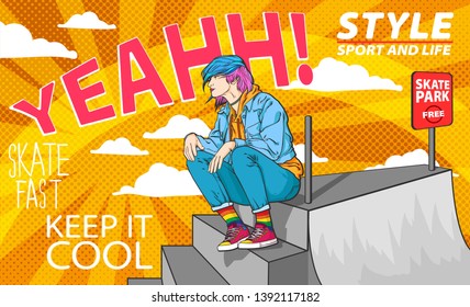 Poster print with fashion hipster girl in the skate park, vector illustration drawn in cartoon comics art style with many dots on background