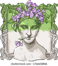 Poster print illustration with antique plaster head in vintage carved frame