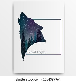 Poster for the print. Silhouette of the head of the howling wolf. Inside it is a night forest. Vector illustration, dark background.