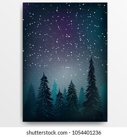 The poster for printing. Night forest in the background of the starry sky. Vector illustration