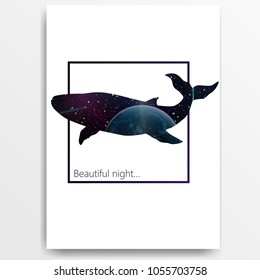 The poster for printing. Silhouette of a sea whale. Within him is star space. Vector illustration, white background.