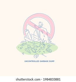 El afiche prohíbe el vertido incontrolado de basura. La basura está tirada en el pasto. Frascos y cajas de plástico después de su uso. Ilustración vectorial en un estilo de caricatura.