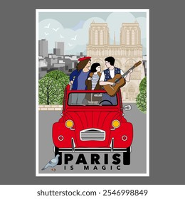 Poster to promote tourism in Paris, France with 3 young people visiting the city and its monuments in a vintage car: the 2CV.