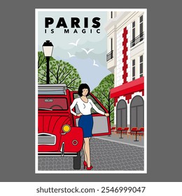 Poster zur Förderung des Tourismus in Paris, Frankreich mit einer jungen Frau, die aus einem Oldtimer, dem 2CV, aussteigt, der auf einer Straße in der Stadt geparkt ist.