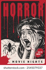 Ein Plakat wirbt für Horrorfilmabende, die für November geplant sind. Es zeigt eine verängstigte Frau, die Angst verkörpert, mit einem Spinnenhintergrund, der perfekt für Fans von Spannung ist.