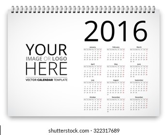 Poster proportion calendar template for 2016 years. Vector illustration notepad spiral template with place for logo or image