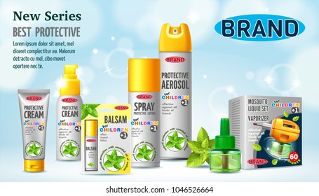 Poster of protective facilities from insects for children. Containers and tubes for cream, lotion, gel, balsam, spray, aerosol. 3D realistic isolated vector illustration.