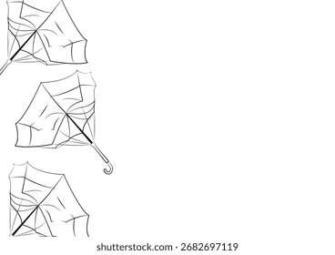 poster of protective umbrellas from the rain in a deformed state in the style of line art, for advertising, coupons or other types of printing