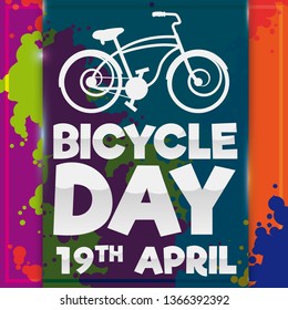 Poster with psychedelic and colorful ink splashes, glows, a label and retro bike silhouette with greeting sign to celebrate Bicycle Day this 19th April.